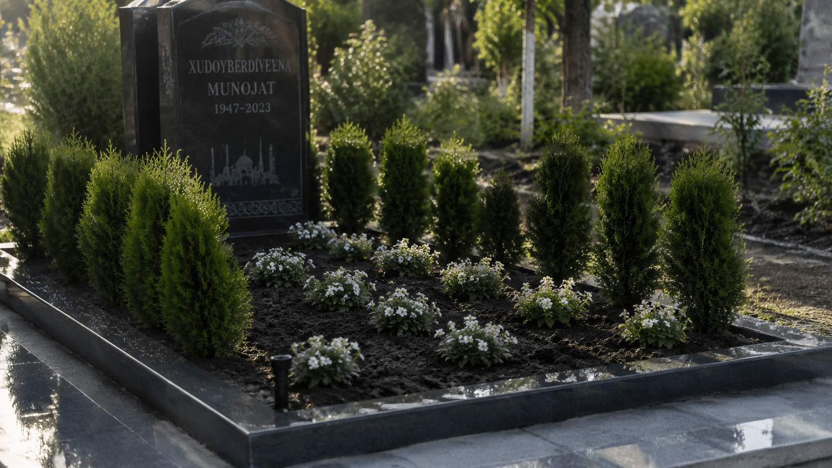 Grabbegrünung: Blumen, Sträucher, Rasen