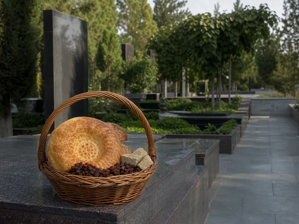Поминальная корзина (нон, кишмиш, парварда) в Узбекистане