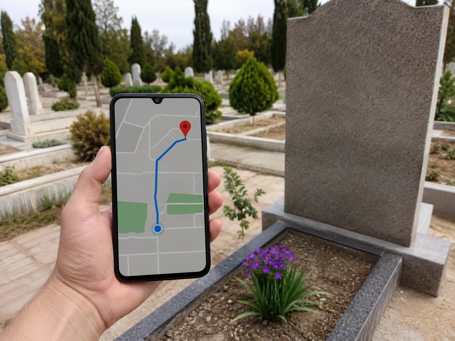 GPS‑точка + маршрут от входа кладбища в Узбекистане